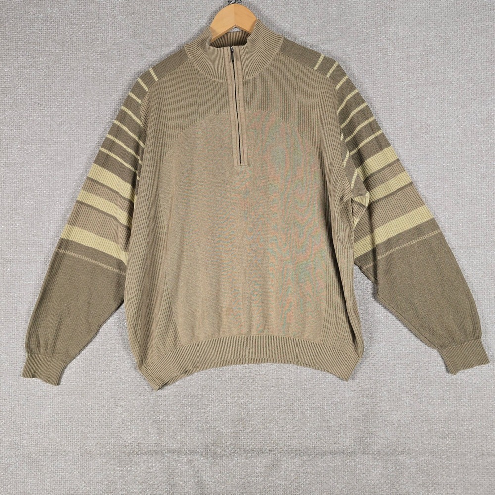St. Croix Knits Mens XL Quarter Zip Striped Sleeve Sweater Khaki Tan Made in USA